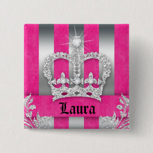 Jewellery Princess Crown Pink Stripes Brooch Silve 2 Inch Square Button