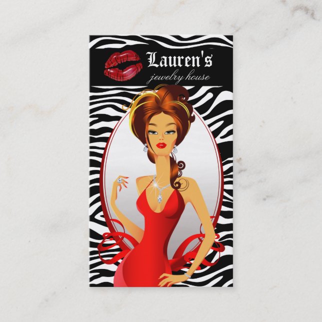 Jewellery Woman Red Zebra Lips Black Business Card (Front)