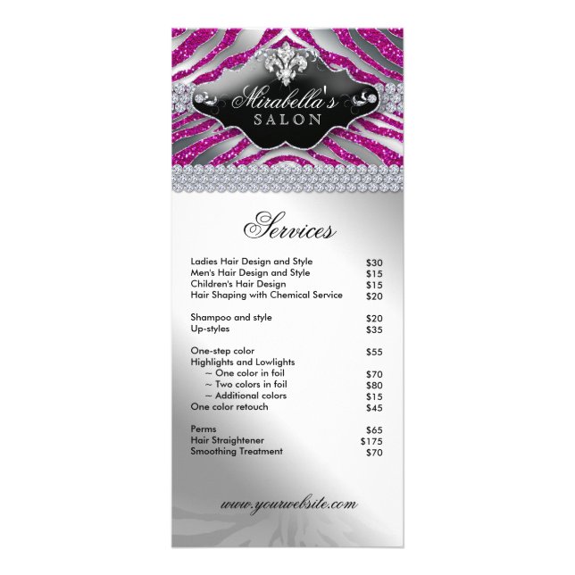 Jewellery Zebra Fleur de lis Sparkle Hot Pink Menu (Front)