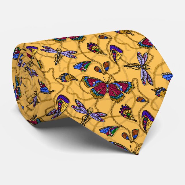 Jewelry butterflies and dragonflies on yellow tie (Rolled)