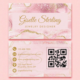 Jewelry Designer Blush Pink Gold Agate QR Code Business Card