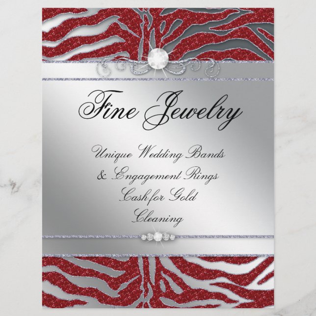 Jewelry Flyer Hair Salon Zebra Sparkle Red Silver (Front)