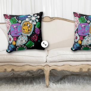 Jewels Gems Bright Colours on Black Throw Pillow