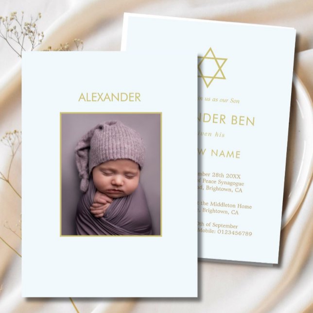  Jewish Baby Naming Photo Blue Gold Boys Religious Invitation (Creator Uploaded)