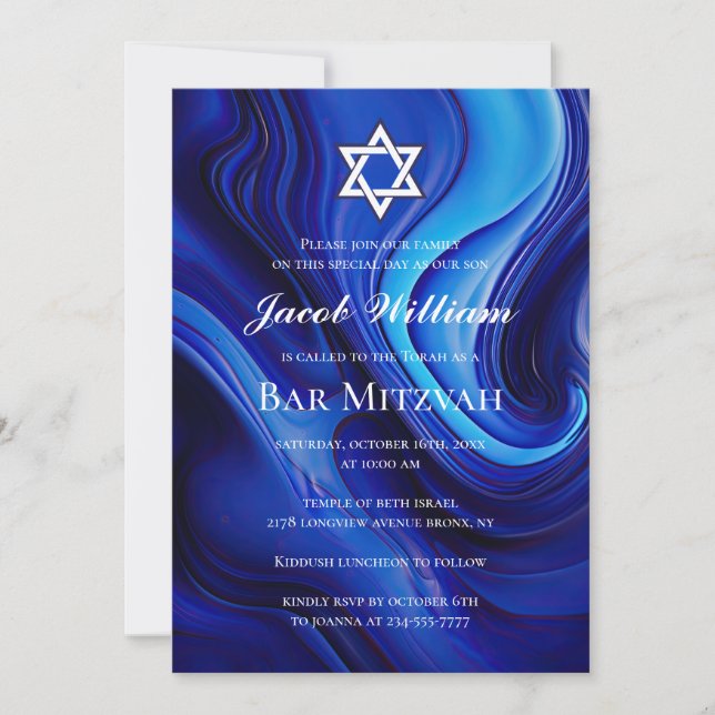 Jewish Bar Mitzvah Blue Fluid Art Invitation (Front)