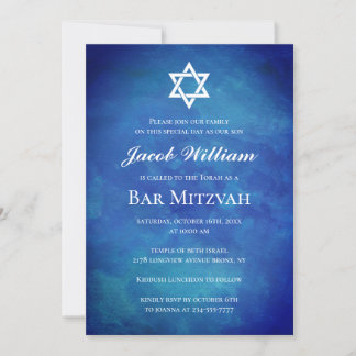 Jewish Bar Mitzvah Blue Watercolor Invitation