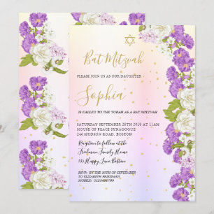 Jewish Bat Mitzvah Purple Floral Gold Hebrew  Invitation