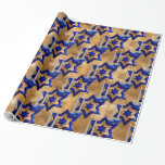 Jewish-Candlesticks-and-Star-3-Gold Wrapping Paper<br><div class="desc">Jewish-Candlesticks-and-Star-3-Gold From my new Jewish Collection coming into stores now... Candlesticks-and-Star-1. A large triple layered (digital) hammered Star of David with two decorative candlesticks and holders. The candles appear lit. The star is blue with a hammered gold look. The candlesticks are blue with grey candles. This design is available in...</div>
