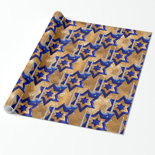 Jewish-Candlesticks-and-Star-3-Gold Wrapping Paper (Unrolled)