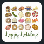 Jewish Cooking Cuisine Happy Holidays Dinner Square Sticker<br><div class="desc">Design features an original illustration of an assortment of popular foods in Jewish cuisine, including: babka, bagel with cream cheese and lox, rugelach, blueberry blintzes, hamantash, reuben sandwich, kosher dill pickle, matzah, spinach knish, shakshuka, everything bagel, coconut macaroon, Israeli salad, kugel, bourekas, beef brisket, latkes with sour cream, matzo ball...</div>