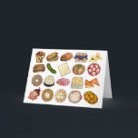 Jewish Cooking Cuisine Holiday Dinner Foods Print Card<br><div class="desc">Design features an original illustration of an assortment of popular foods in Jewish cuisine, including: babka, bagel with cream cheese and lox, rugelach, blueberry blintzes, hamantash, reuben sandwich, kosher dill pickle, matzah, spinach knish, shakshuka, everything bagel, coconut macaroon, Israeli salad, kugel, bourekas, beef brisket, latkes with sour cream, matzo ball...</div>