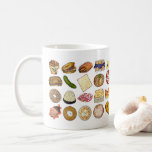 Jewish Cooking Cuisine Holiday Dinner Foods Print Coffee Mug<br><div class="desc">Design features an original illustration of an assortment of popular foods in Jewish cuisine, including: babka, bagel with cream cheese and lox, rugelach, blueberry blintzes, hamantash, reuben sandwich, kosher dill pickle, matzah, spinach knish, shakshuka, everything bagel, coconut macaroon, Israeli salad, kugel, bourekas, beef brisket, latkes with sour cream, matzo ball...</div>