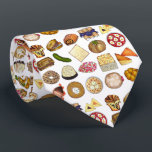 Jewish Cooking Cuisine Holiday Dinner Foods Print Tie<br><div class="desc">Design features an original illustration of an assortment of popular foods in Jewish cuisine, including: babka, bagel with cream cheese and lox, rugelach, blueberry blintzes, hamantash, reuben sandwich, kosher dill pickle, matzah, spinach knish, shakshuka, everything bagel, coconut macaroon, Israeli salad, kugel, bourekas, beef brisket, latkes with sour cream, matzo ball...</div>