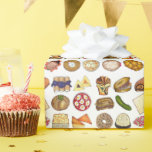 Jewish Cooking Cuisine Holiday Dinner Foods Print Wrapping Paper<br><div class="desc">Design features an original illustration of an assortment of popular foods in Jewish cuisine, including: babka, bagel with cream cheese and lox, rugelach, blueberry blintzes, hamantash, reuben sandwich, kosher dill pickle, matzah, spinach knish, shakshuka, everything bagel, coconut macaroon, Israeli salad, kugel, bourekas, beef brisket, latkes with sour cream, matzo ball...</div>