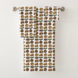 Jewish Deli Foods Bagel Lox Knish Blintz Pickle Bath Towel Set