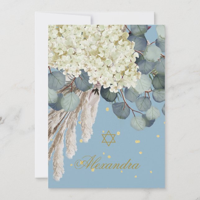 Jewish Girl Baby Naming Floral Foliage Blue Gold  Invitation (Back)
