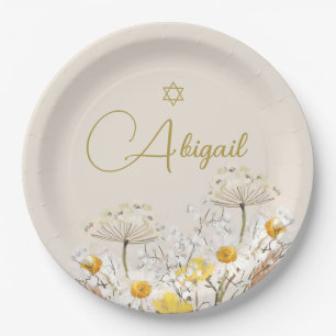Jewish Girl Baby Naming Watercolor Field Flowers Paper Plate
