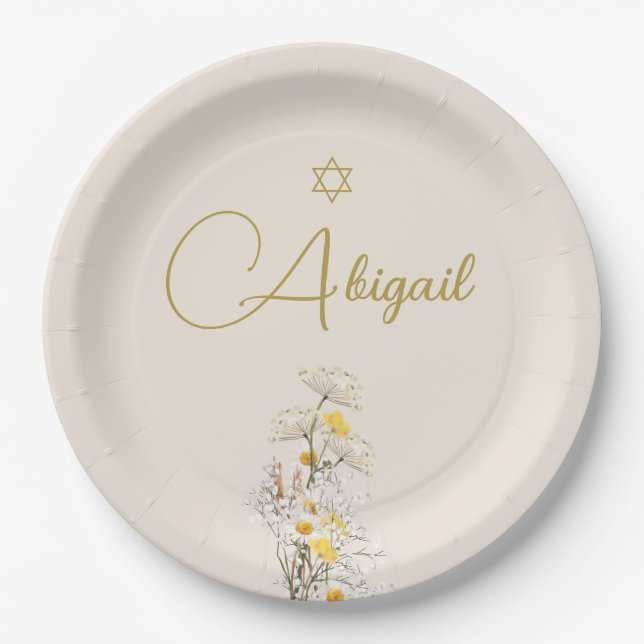 Jewish Girl Baby Naming Watercolor Wildflowers  Paper Plate (Front)