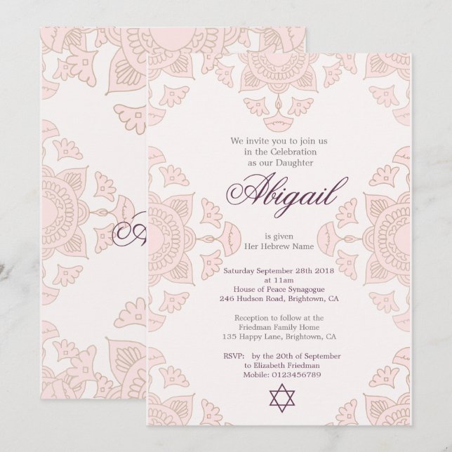 Jewish Girl Custom Baby Naming Pink   Invitation (Front/Back)