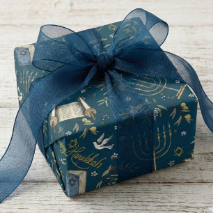 Jewish Happy Hanukkah Menorah Navy Blue Wrapping Paper
