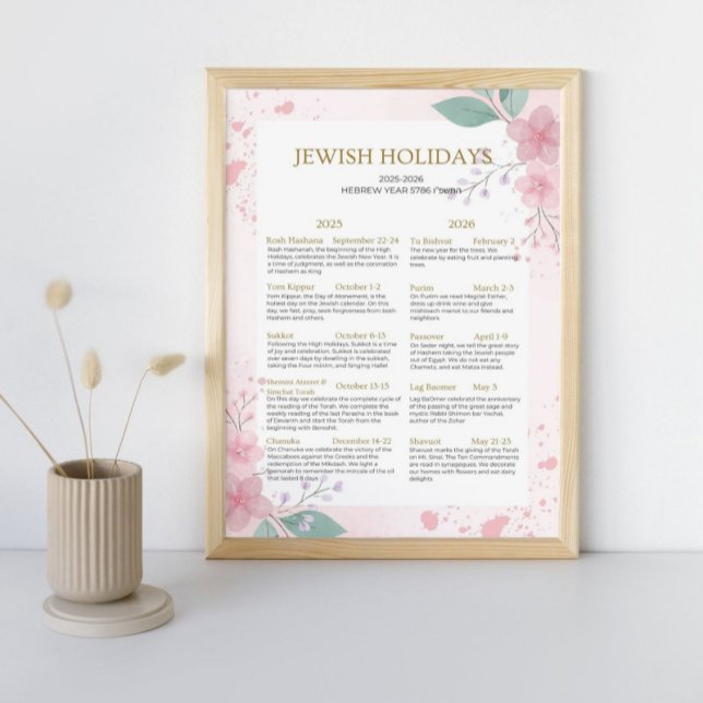 Jewish Holiday Calendar 2025 2026 Pink floral 5786 Poster (Creator Uploaded)