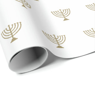 Jewish menorah gold and white pattern Hanukkah Wrapping Paper
