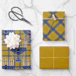 Jewish-Menorah-Plaid-Gold Wrapping Paper Sheet<br><div class="desc">From my new Jewish Collection coming into stores now... MENORAH PLAID GOLD. A large silver and blue detailed 9 branch menorah design on an all-over background plaid pattern. All of the candles appear lit. The plaid pattern is gold, blue & white. You get 3 sheets of gift wrapping sheets. One...</div>