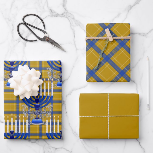 Jewish-Menorah-Plaid-Gold Wrapping Paper Sheet (Front)