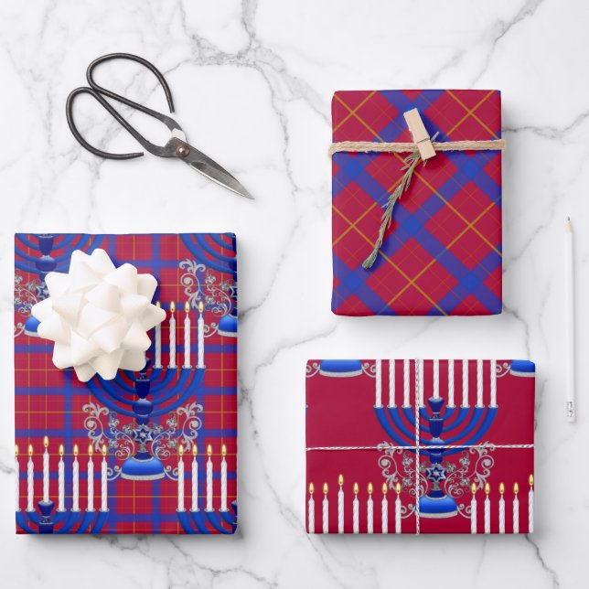 Jewish-Menorah-Plaid-Pomegranate-Red Wrapping Paper Sheet (Front)