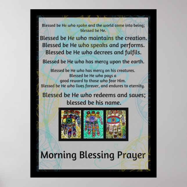 Jewish Morning Blessing Prayer Batik Hamsa Poster (Front)