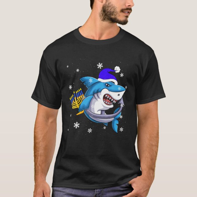 Jewish Shark Menorah Funny Hanukkah Chanukah T-Shirt (Front)