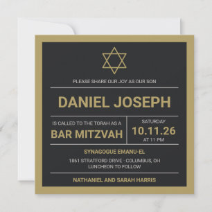 Jewish star black framed Bar Mitzvah Invitation