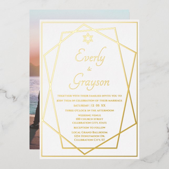 Jewish Star Geometric Frame Gold Wedding    (Front/Back)
