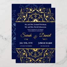Jewish Wedding Invitation Gold Mandala on Blue