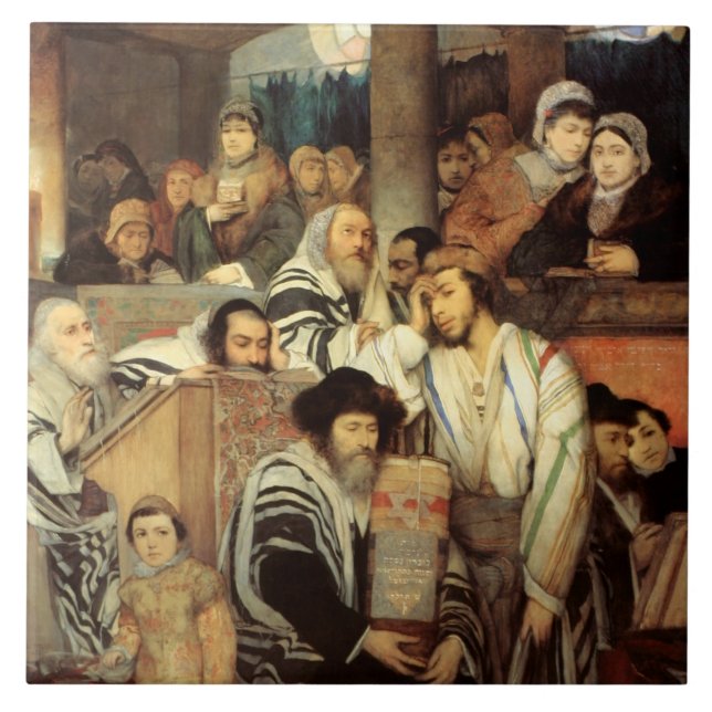 Jews Praying in the Synagogue on Yom Kippur Tile (Front)