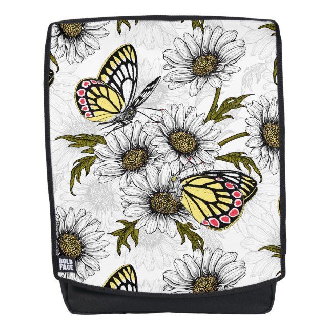 Jezebel butterflies and daisy flowers on white backpack (Front)