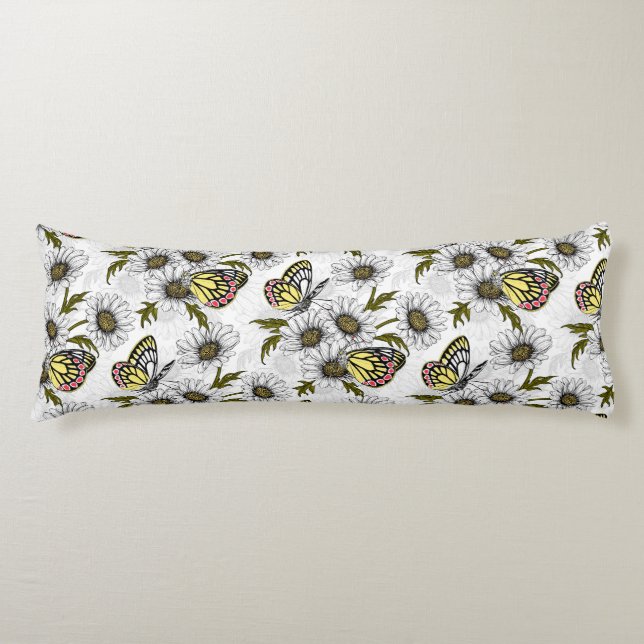 Jezebel butterflies and daisy flowers on white body pillow (Front)