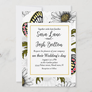 Jezebel butterflies and daisy flowers on white invitation