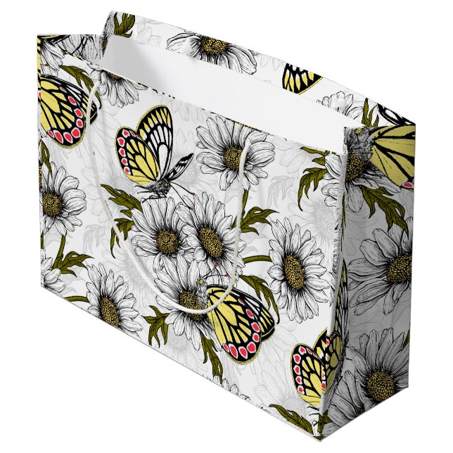 Jezebel butterflies and daisy flowers on white large gift bag (Back Angled)