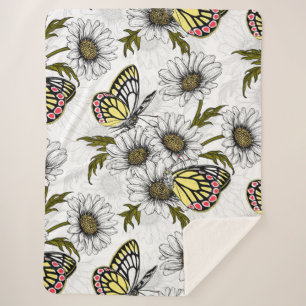 Jezebel butterflies and daisy flowers on white sherpa blanket