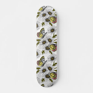 Jezebel butterflies and daisy flowers on white skateboard