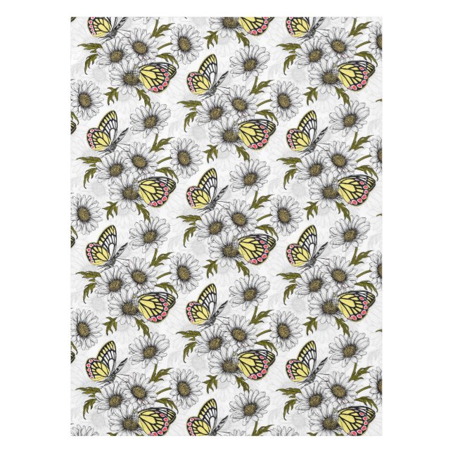 Jezebel butterflies and daisy flowers on white tablecloth (Front)