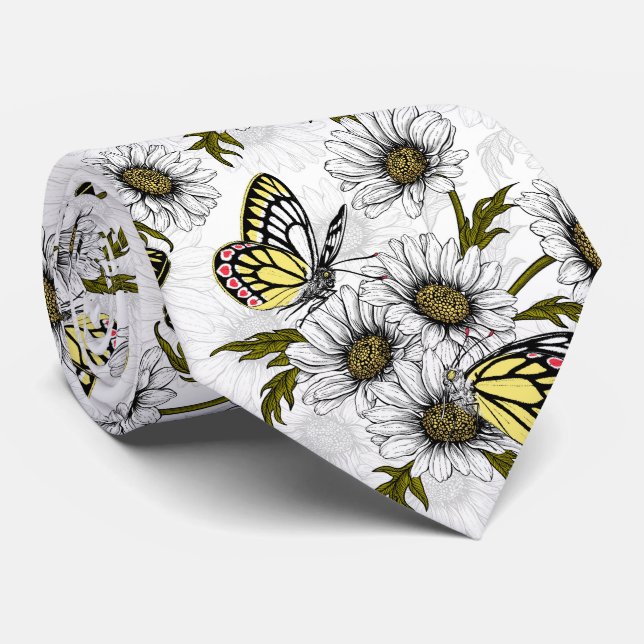 Jezebel butterflies and daisy flowers on white tie (Rolled)