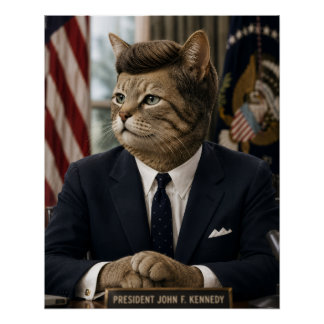 JFK Cat Portrait | Funny Presidential Cat Art Poster