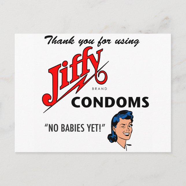 Jiffy Brand Condom Gear! Postcard (Front)