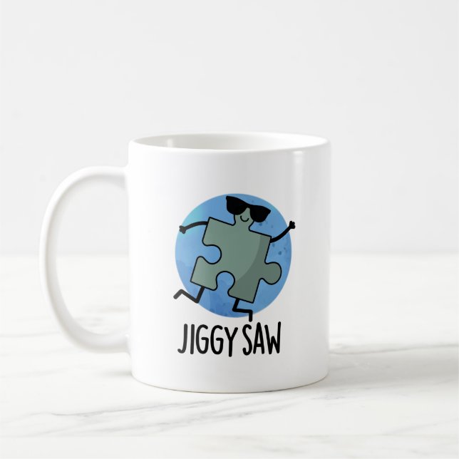 Jiggy Saw Funny Dancing Jigsaw Puzzle Pun Coffee Mug (Left)