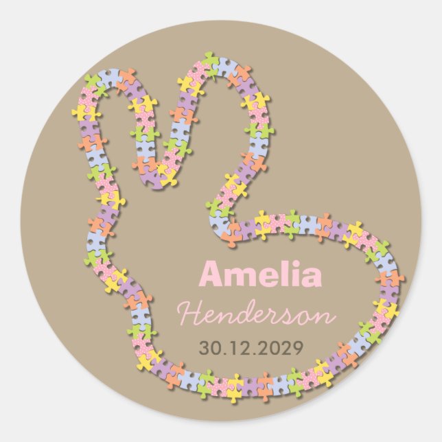 Jigsaw Bunny Baby Girl Gift Favour Label Sticker (Front)