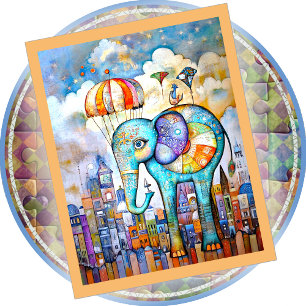 JIGSAW PUZZLE - Blue Elephant Dropping into Town