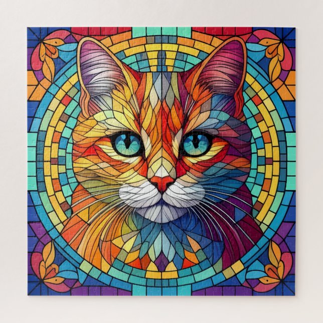 Jigsaw Puzzle Mosaic Stained Glass Cat  (Vertical)