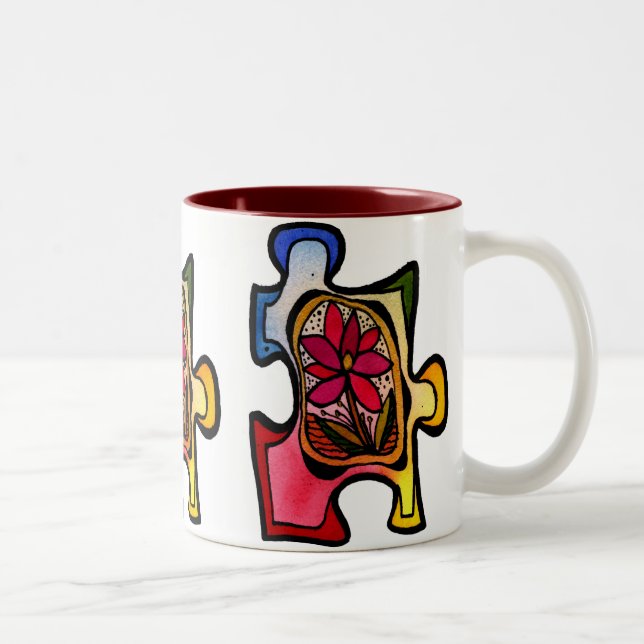 Jigsaw Puzzle Piece Mug, Red Flower Two-Tone Coffee Mug (Right)